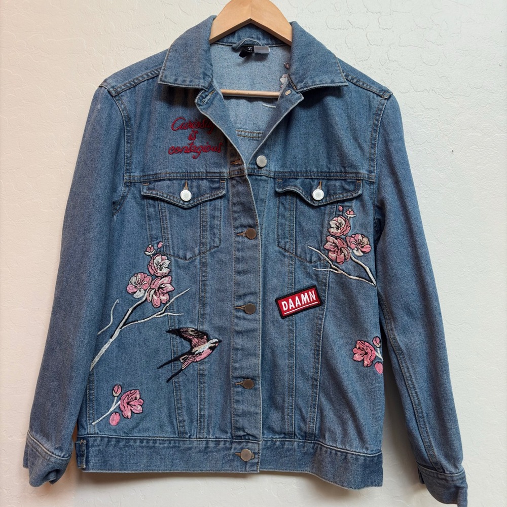 Divided Denim Jacket Embroidered Bird Floral Boho Retro Casual Womens Size‎ 6